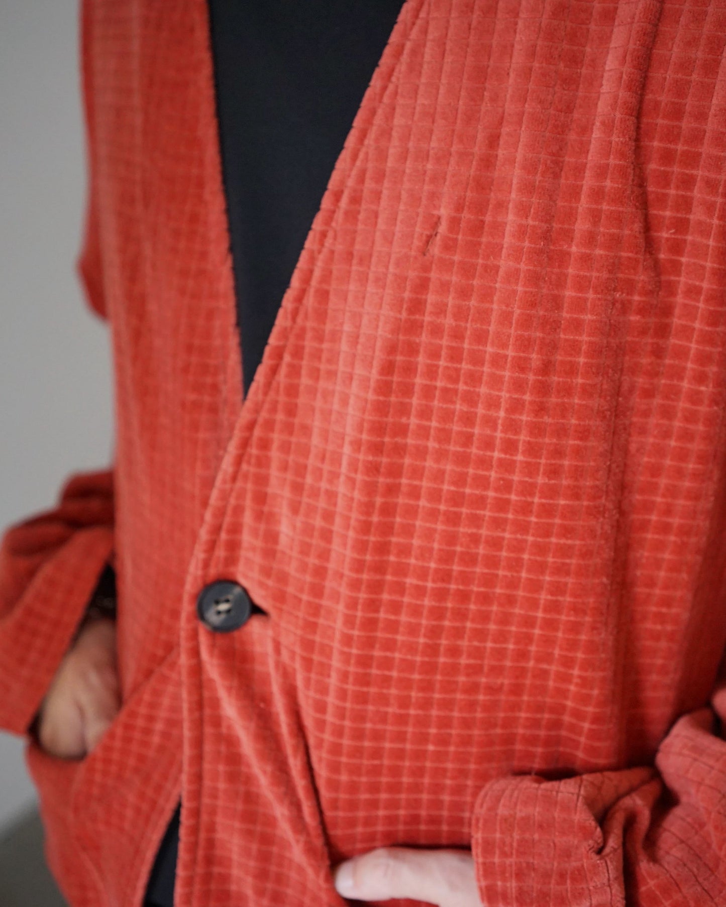 MATSUFUJI / Velor Block Check Jacquard Cardigan "RED"