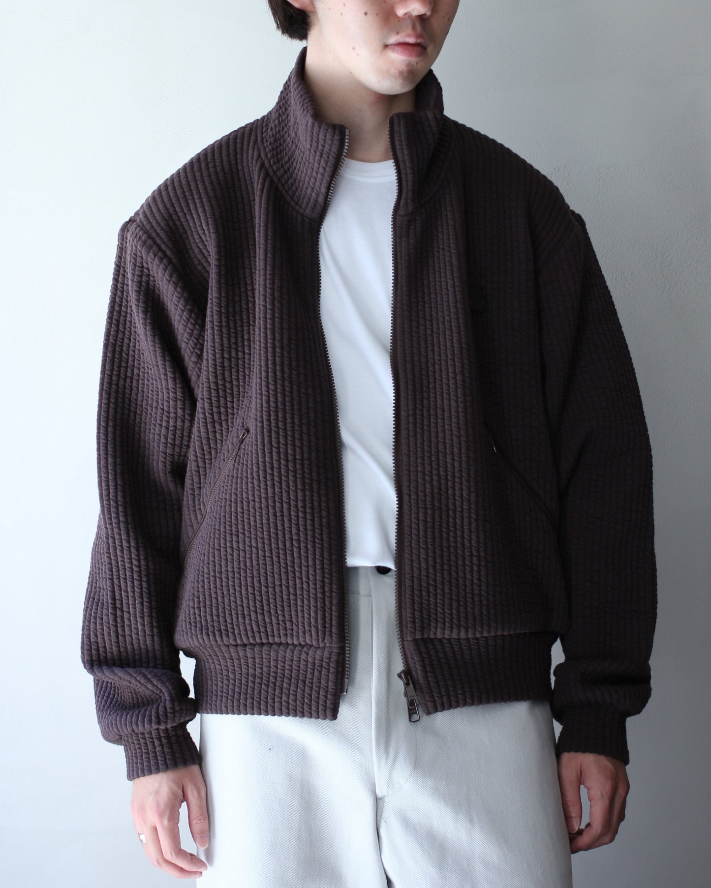 MATSUFUJI/STRIPE JACQUARD STAND COLLAR JACKET "BROWN"