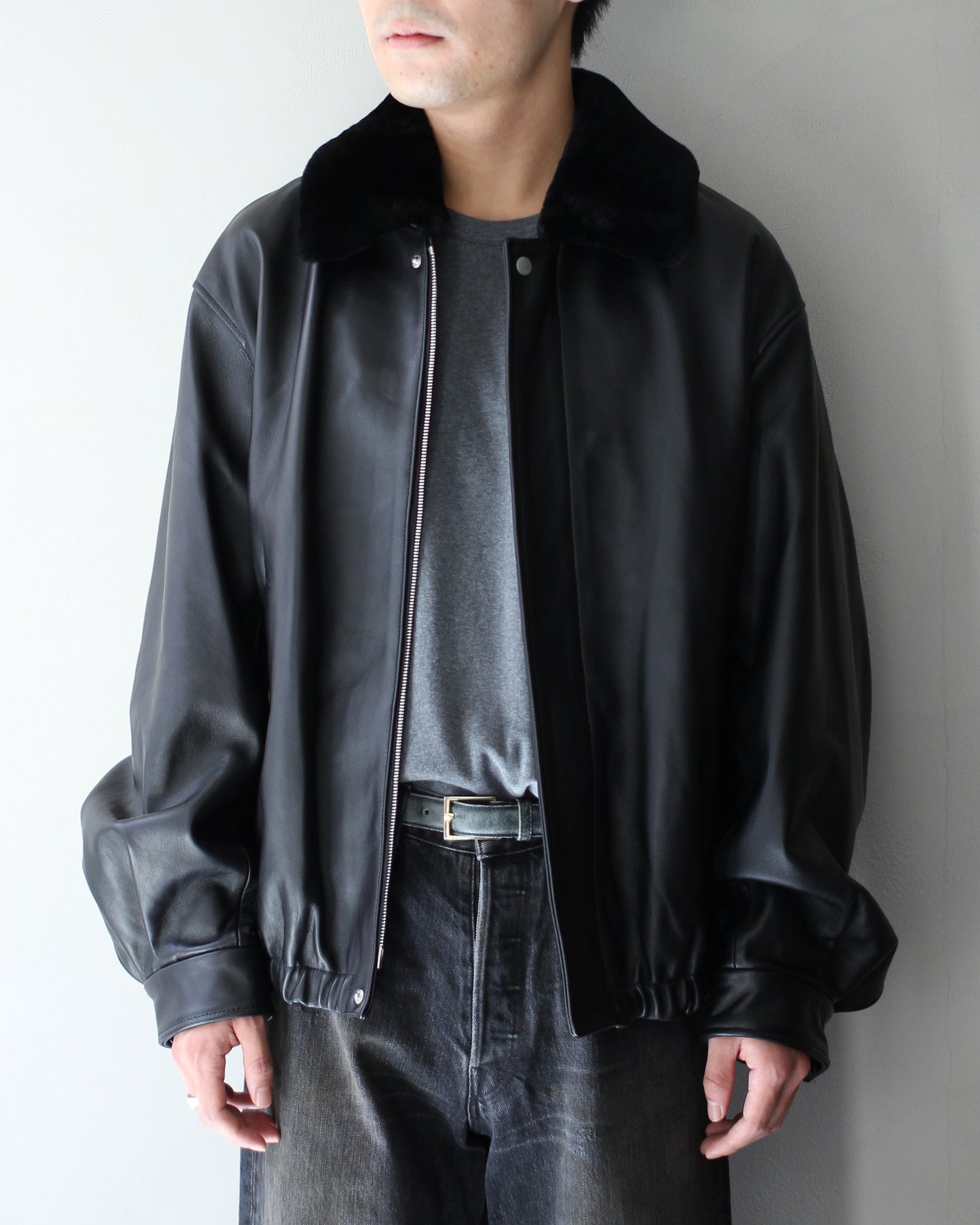 ssstein/MOUTON COLLAR SHEEP LEATHER ZIP JACKET "BLACK"