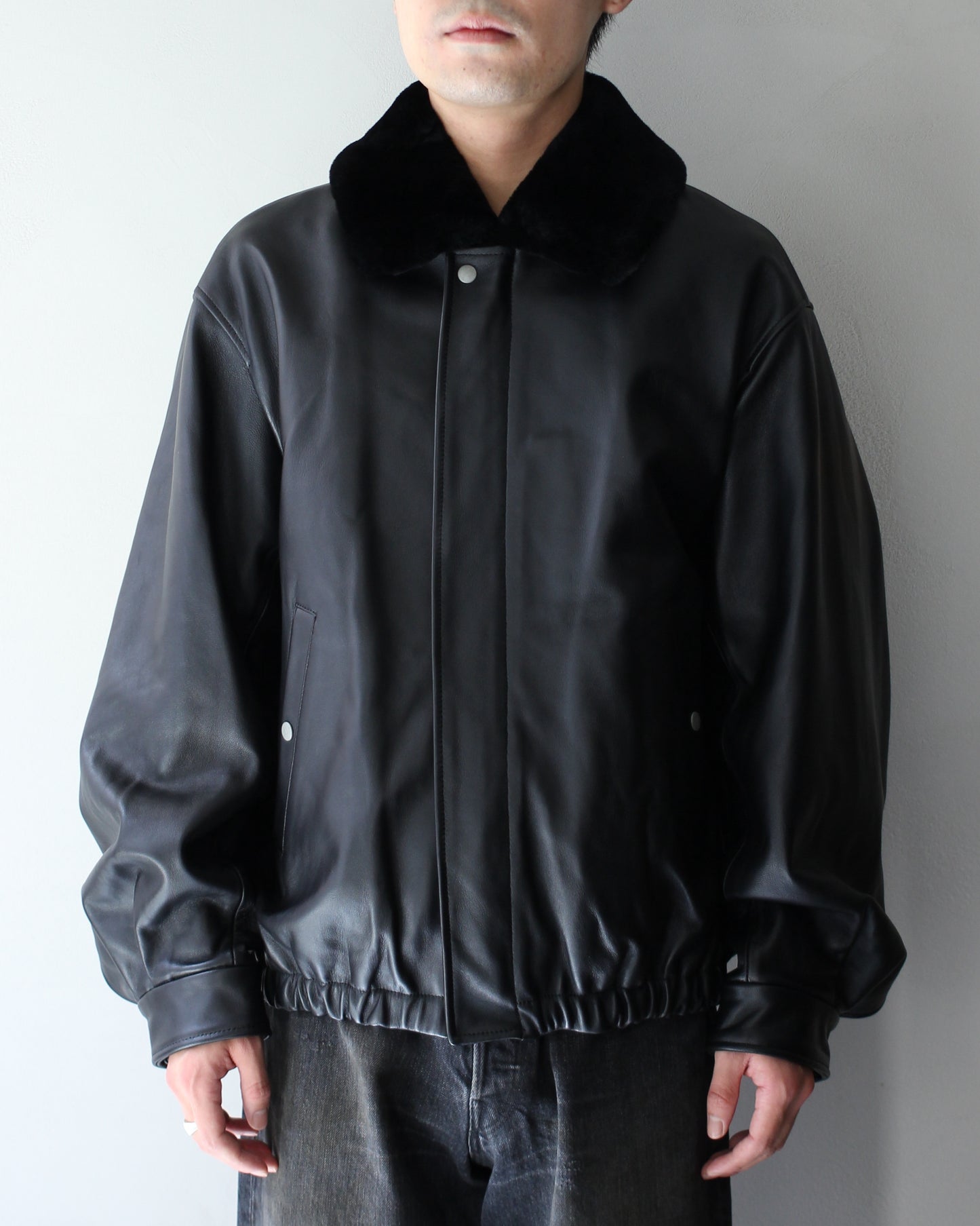 ssstein/MOUTON COLLAR SHEEP LEATHER ZIP JACKET "BLACK"