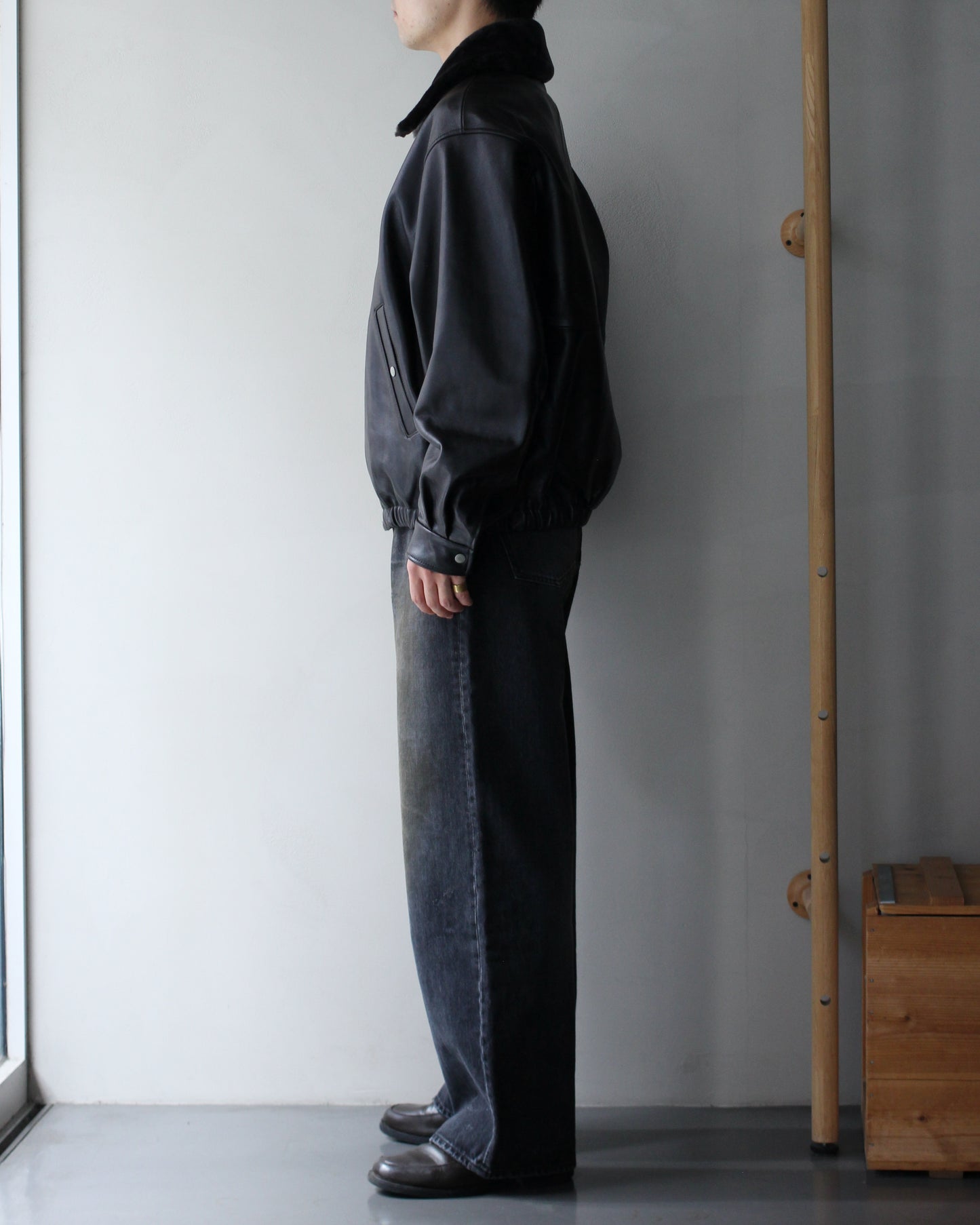 ssstein/MOUTON COLLAR SHEEP LEATHER ZIP JACKET "GREY BROWN"