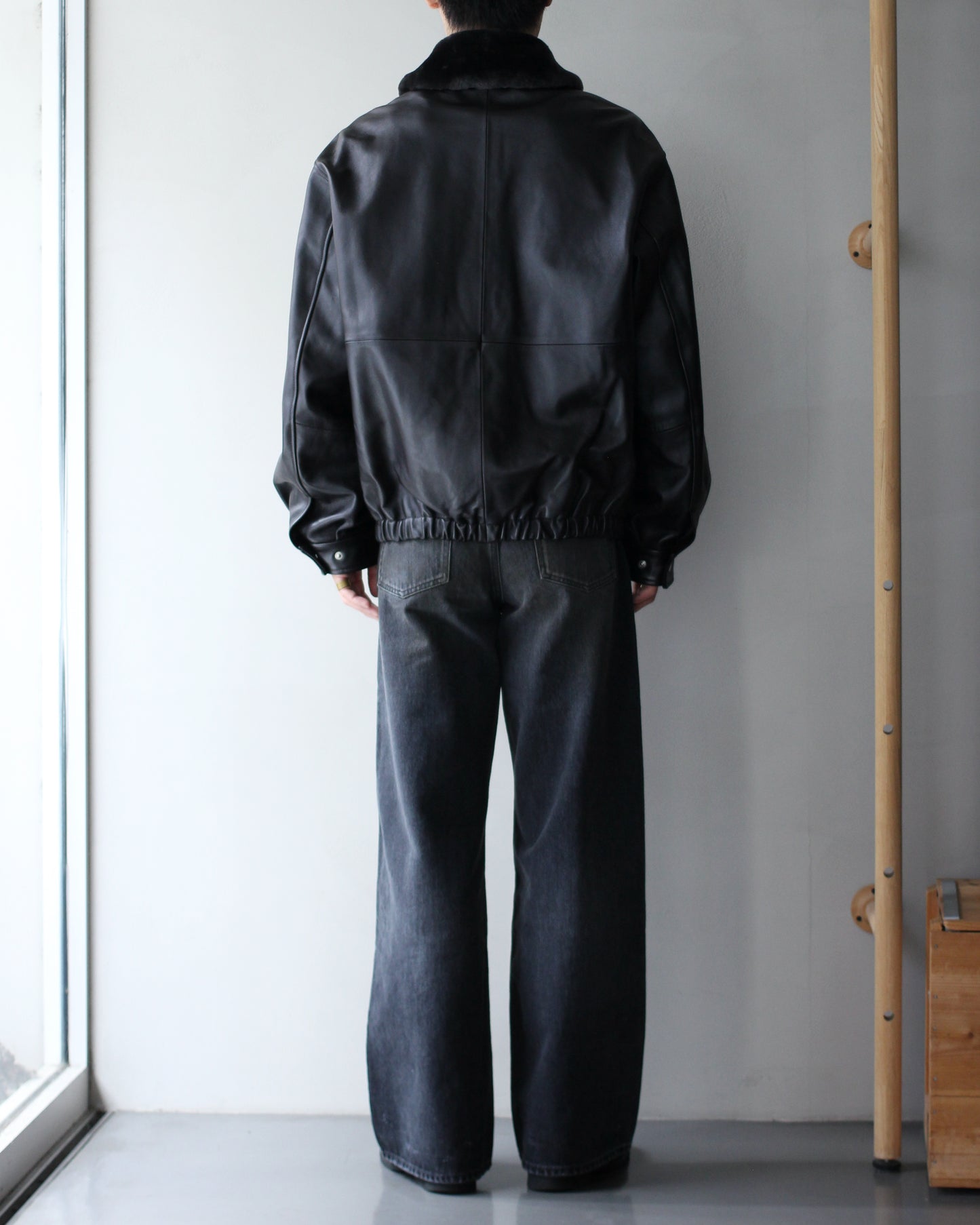 ssstein/MOUTON COLLAR SHEEP LEATHER ZIP JACKET "GREY BROWN"