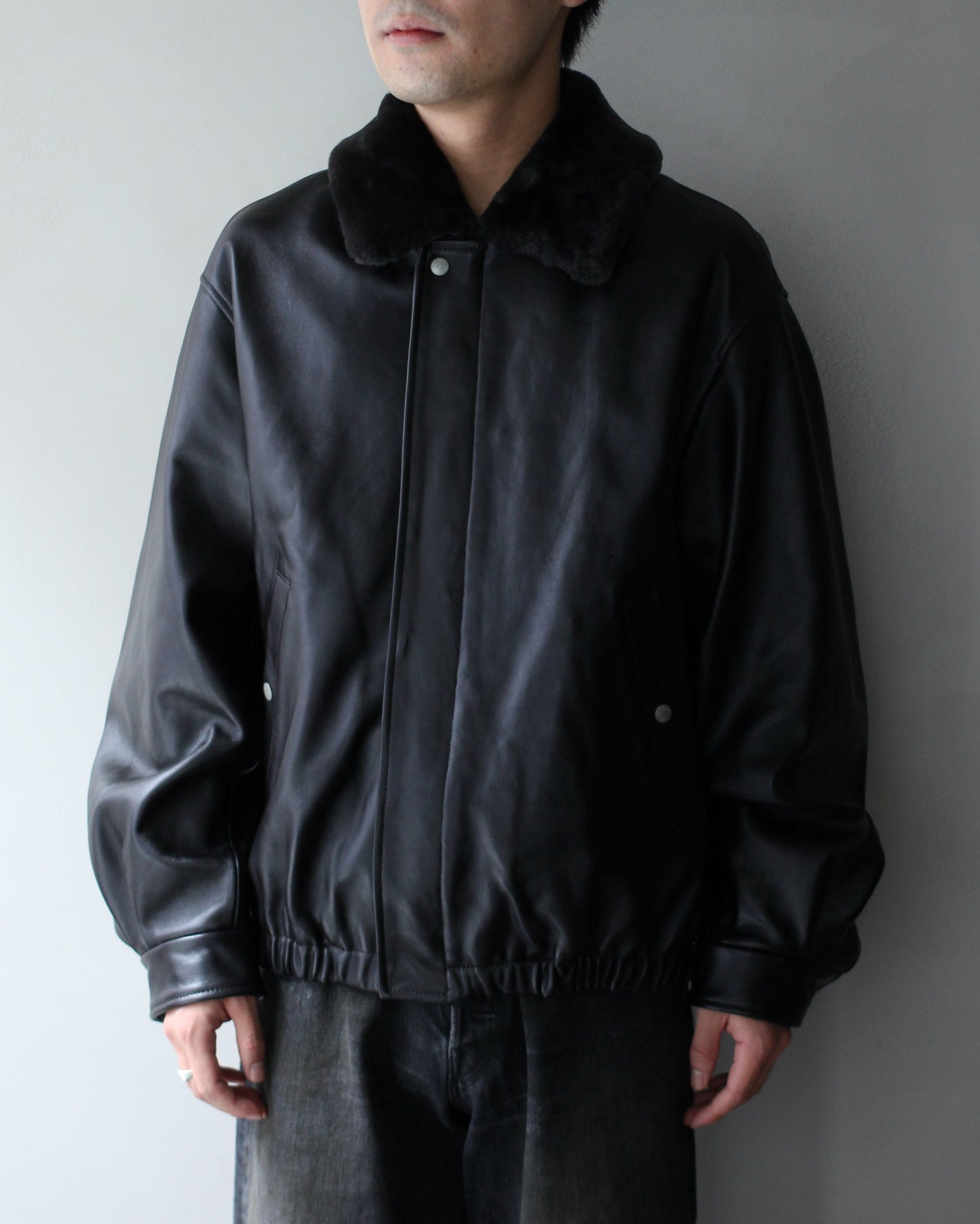 ssstein/MOUTON COLLAR SHEEP LEATHER ZIP JACKET "GREY BROWN"