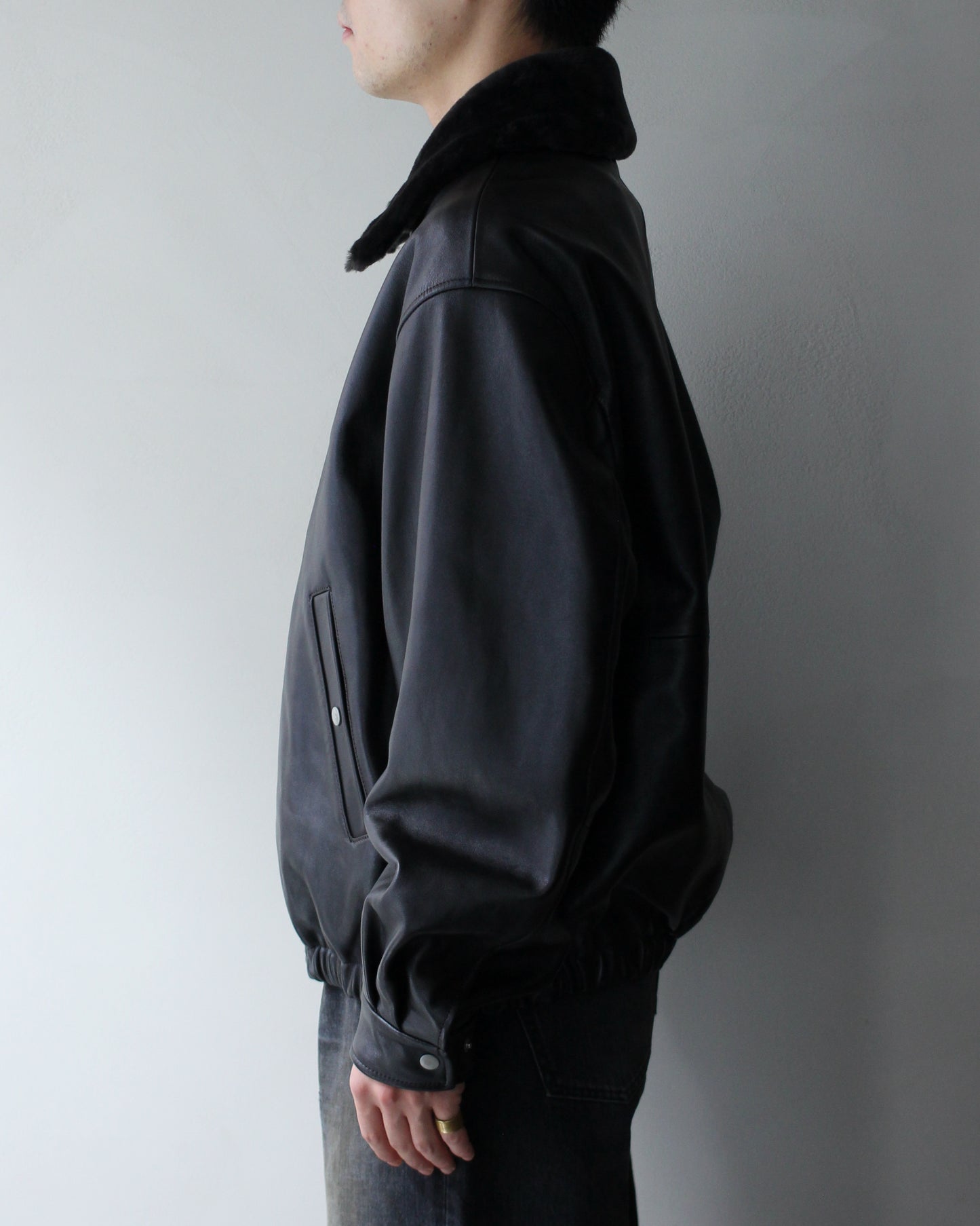 ssstein/MOUTON COLLAR SHEEP LEATHER ZIP JACKET "GREY BROWN"