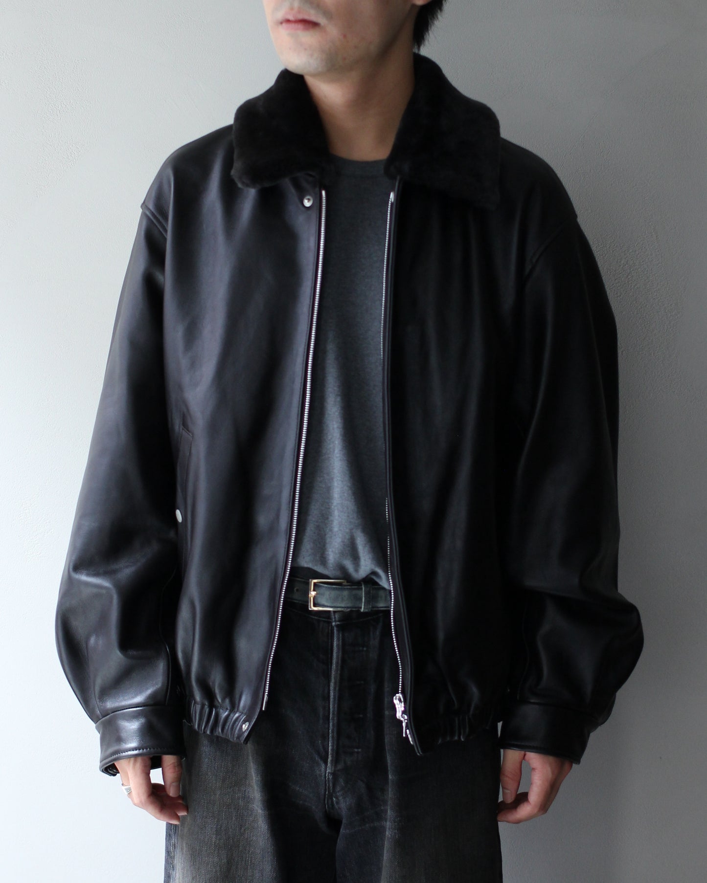 ssstein/MOUTON COLLAR SHEEP LEATHER ZIP JACKET "GREY BROWN"