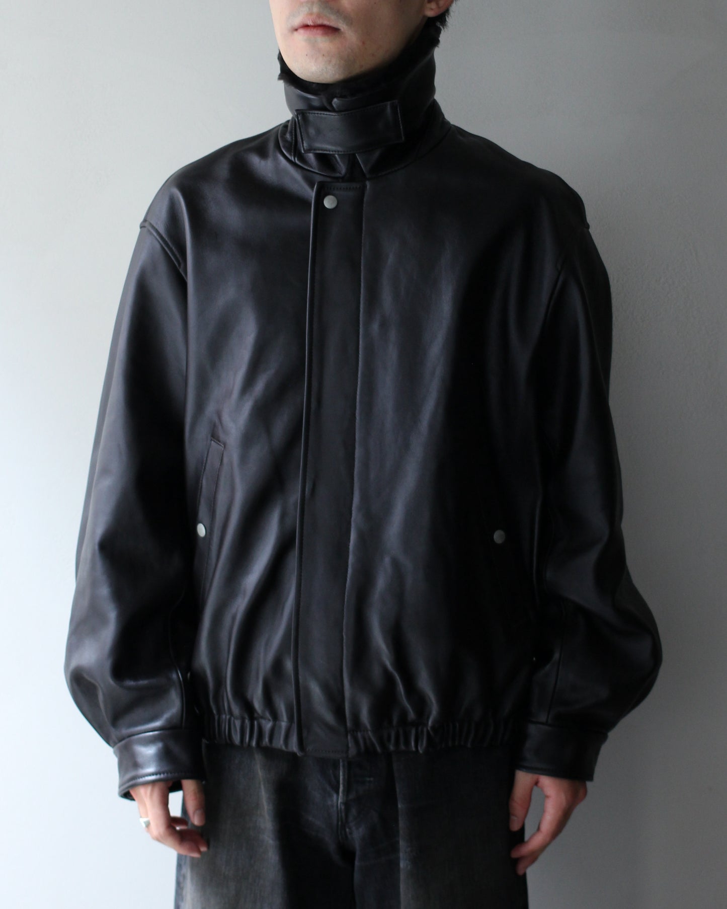 ssstein/MOUTON COLLAR SHEEP LEATHER ZIP JACKET "GREY BROWN"
