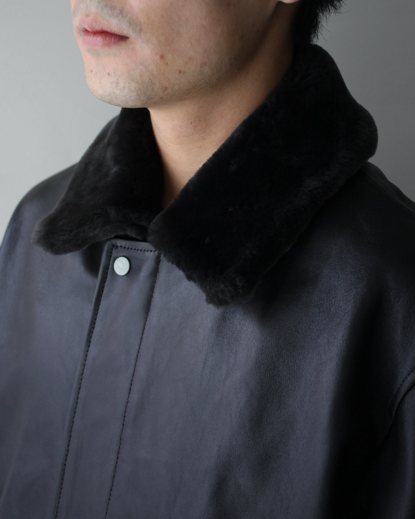 ssstein/MOUTON COLLAR SHEEP LEATHER ZIP JACKET "GREY BROWN"