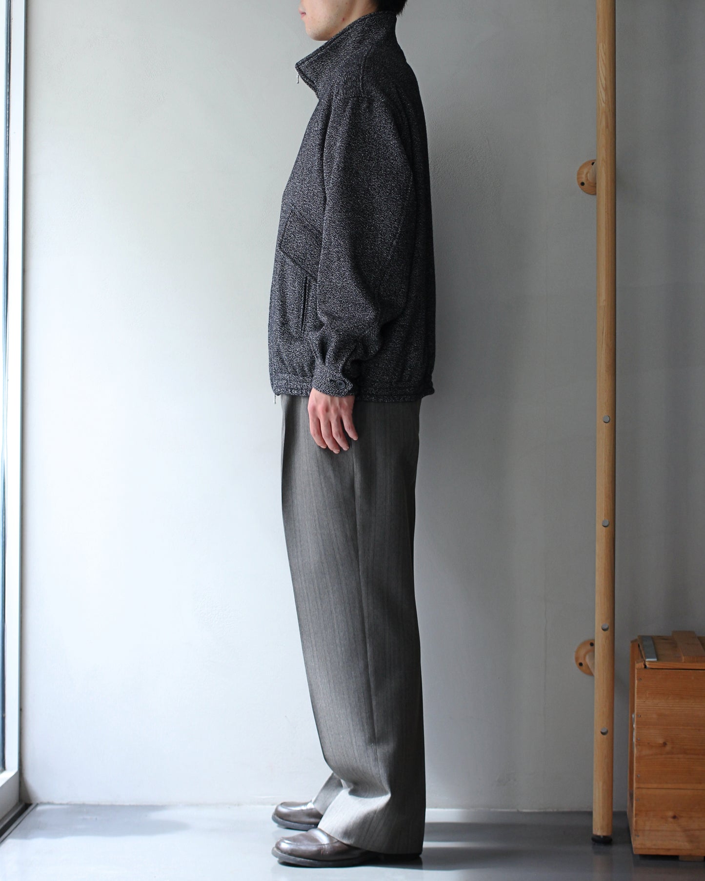 ULTERIOR / WOOL SILK KERSEY ZIP UP JKT ”BLACK IVORY″