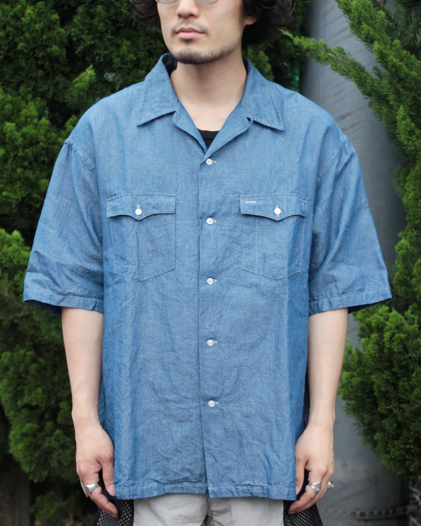 Caledoor / cotton Linen Open Collar Shirt"INDIGO"