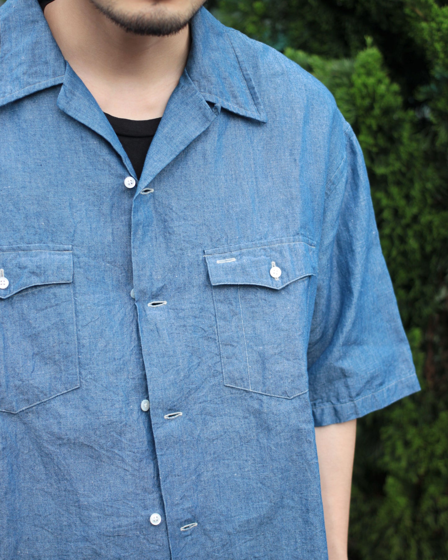 Caledoor / cotton Linen Open Collar Shirt"INDIGO"
