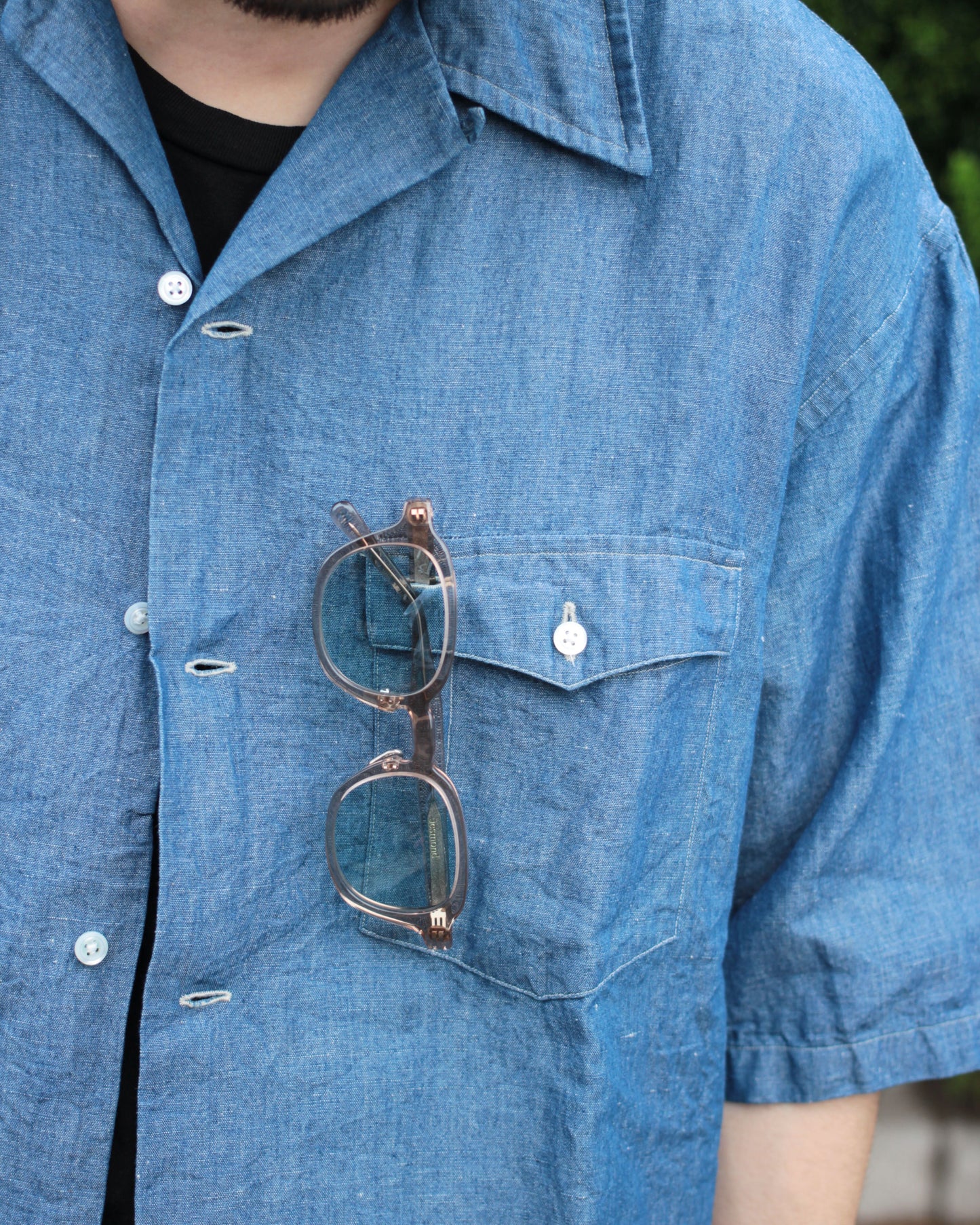 Caledoor / cotton Linen Open Collar Shirt"INDIGO"