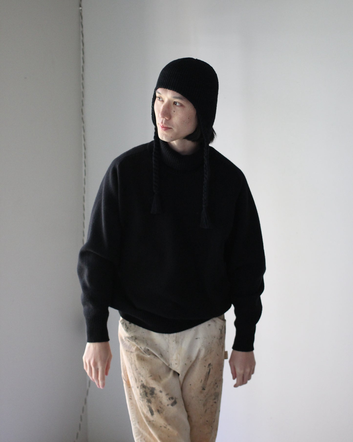 KIJIMA TAKAYUKI/COTTON ACRYLIC KNIT EAR CAP "BLACK×BLACK"