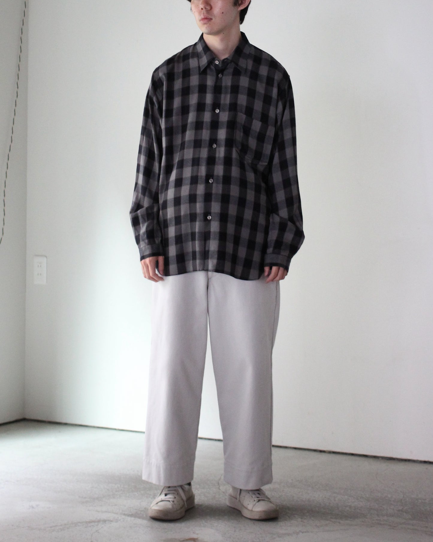 MATSUFUJI/Herringbone Weave Utility Check Shirt "Black"