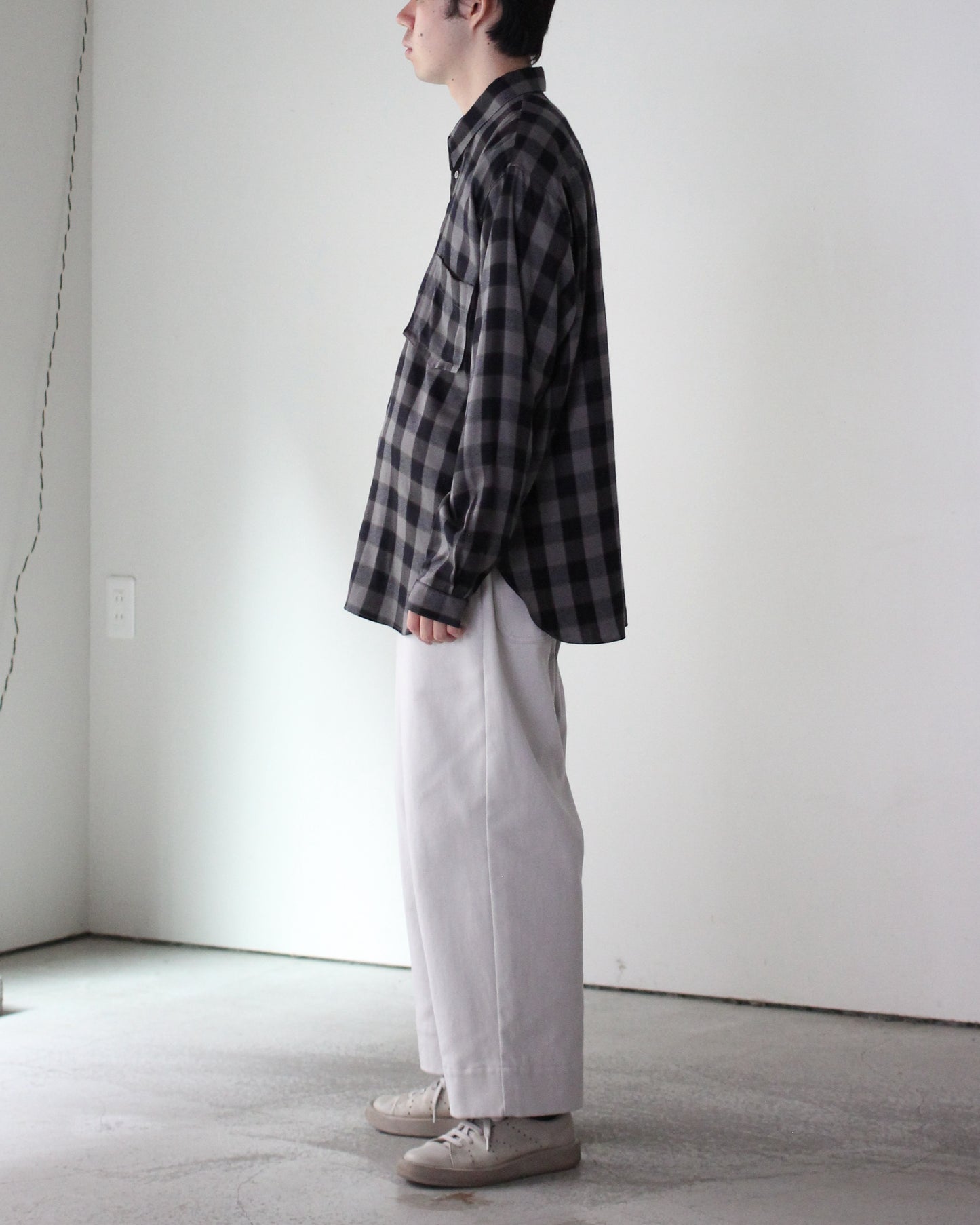 MATSUFUJI/Herringbone Weave Utility Check Shirt "Black"