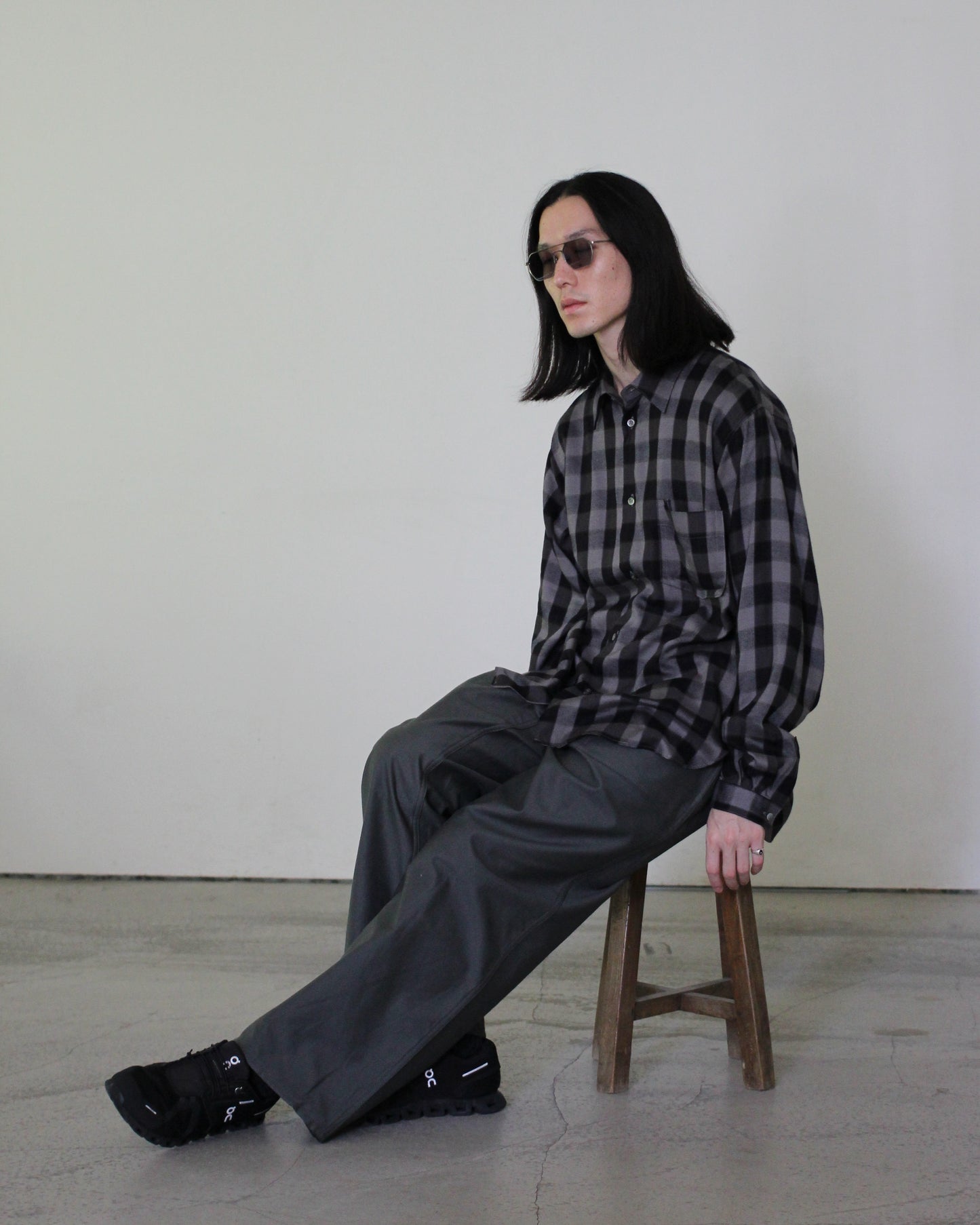 MATSUFUJI/Herringbone Weave Utility Check Shirt "Black"