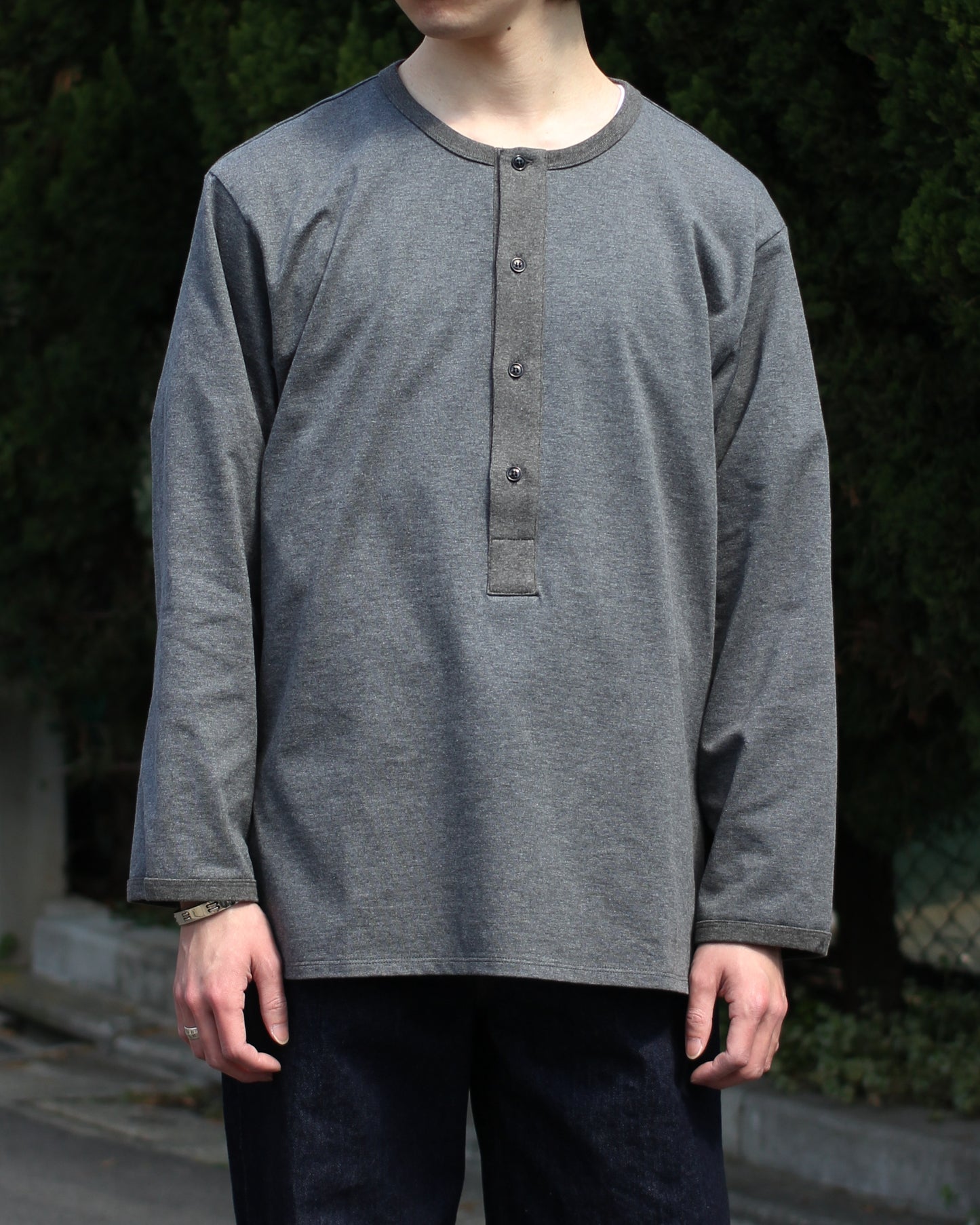 MATSUFUJI/Henley Neck Long Sleeve Shirt "CHARCOAL"