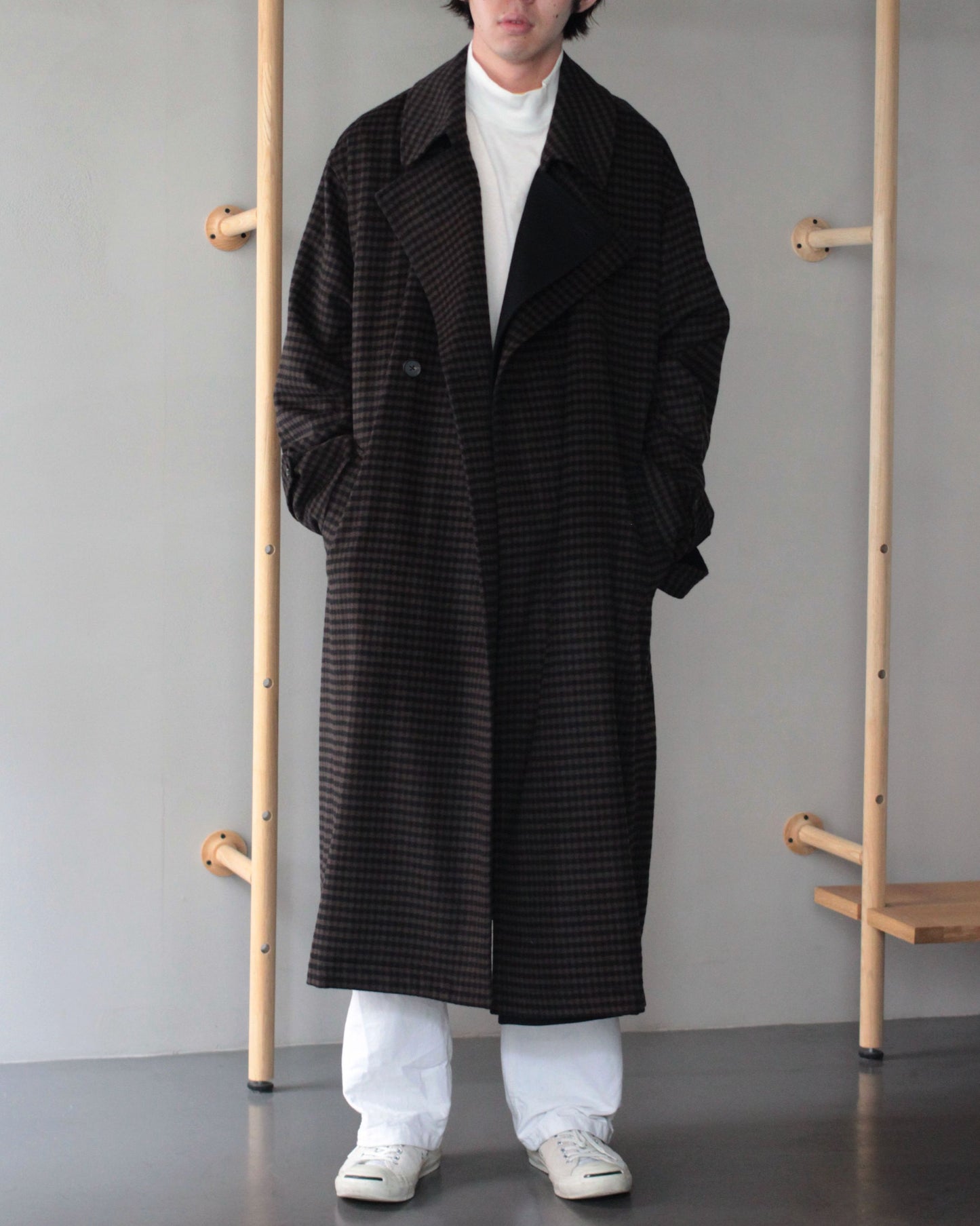 stein / DOUBLE LAPELED DOUBLE BREASTED COAT "GINGHAM×BLACK"