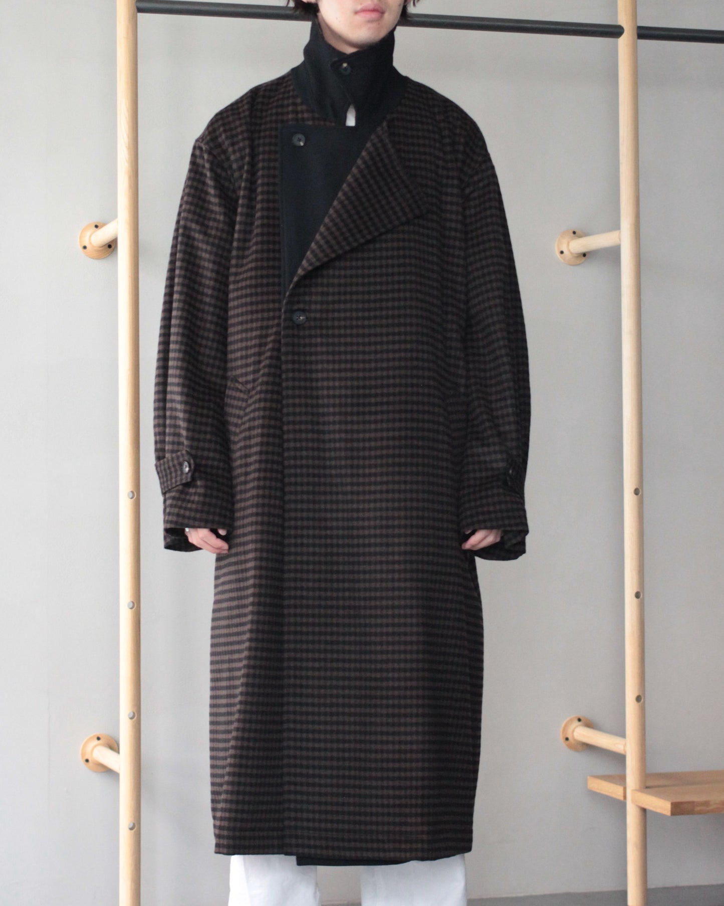 stein / DOUBLE LAPELED DOUBLE BREASTED COAT "GINGHAM×BLACK"