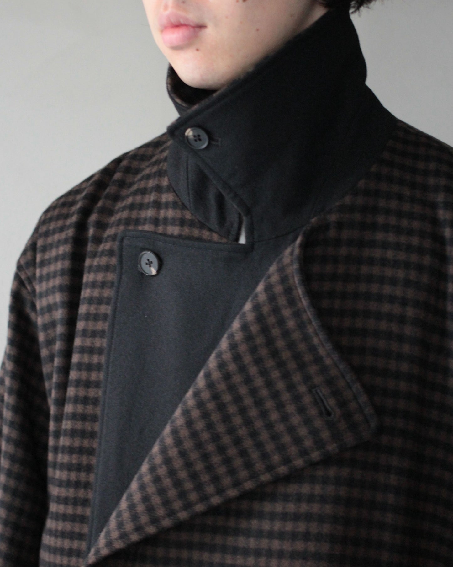 stein / DOUBLE LAPELED DOUBLE BREASTED COAT "GINGHAM×BLACK"
