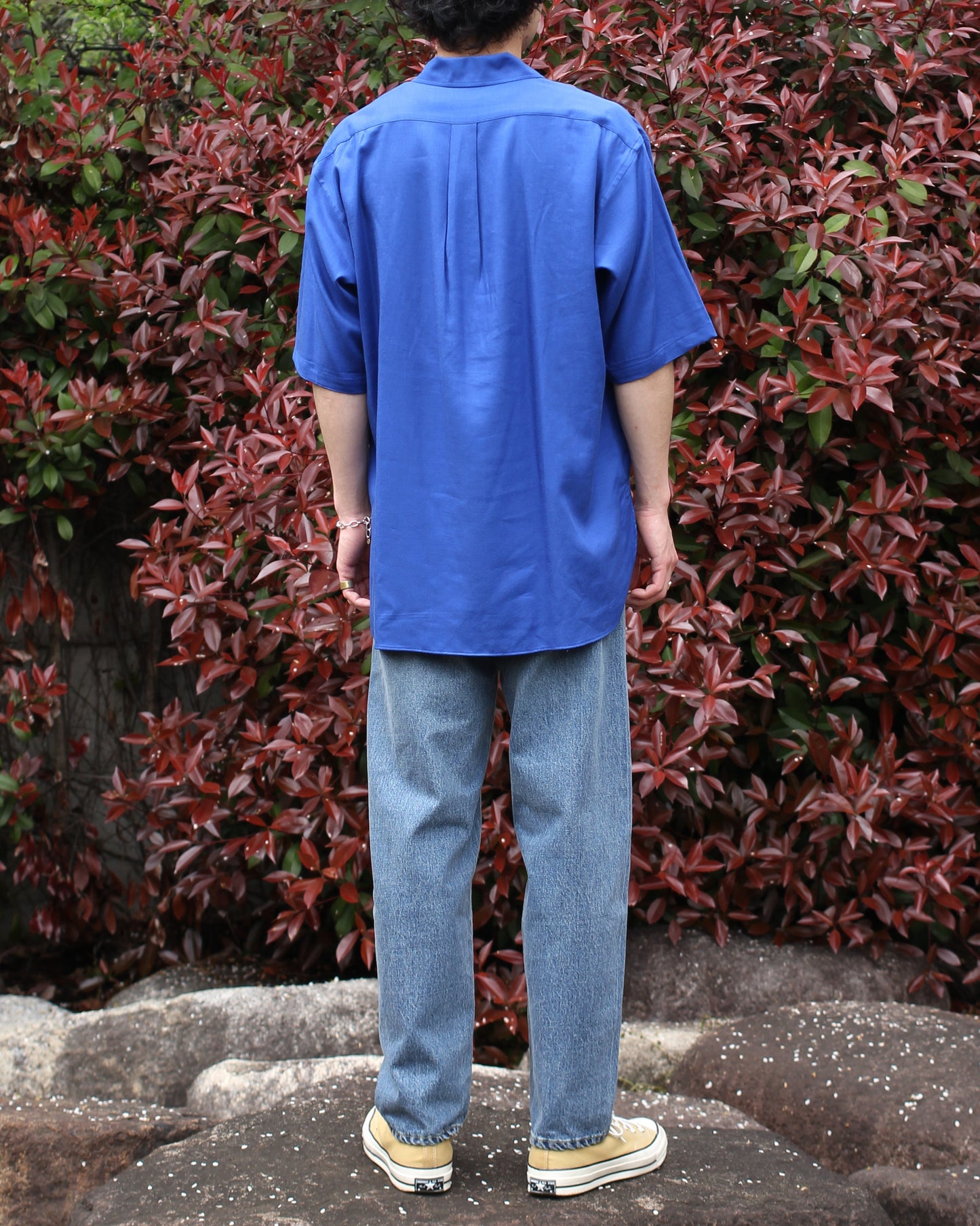 ULTERIOR/RAYON LINEN TWILL HALF-ZIP SHIRT"BLUE"