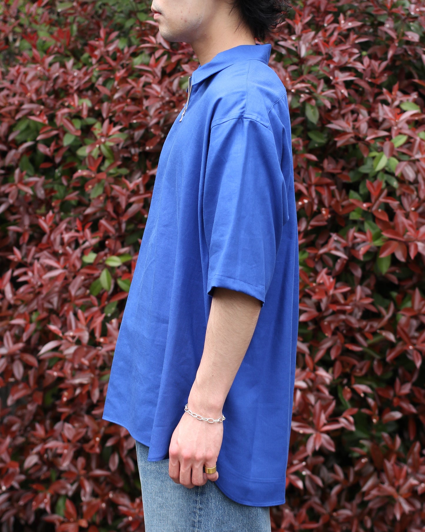 ULTERIOR/RAYON LINEN TWILL HALF-ZIP SHIRT"BLUE"