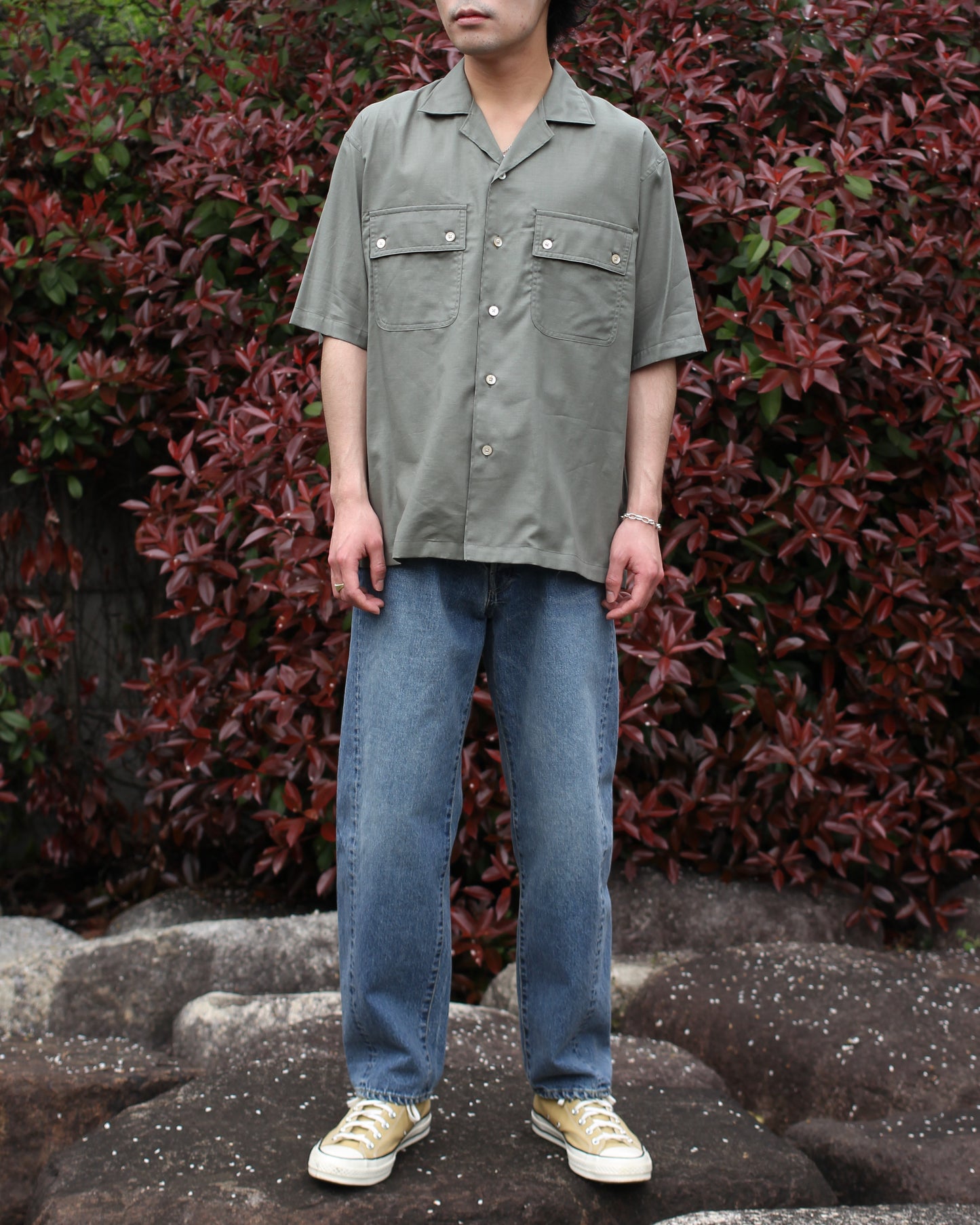 ULTERIOR/SILKY SOFT TWILL O/C SHIRT"GREEN"