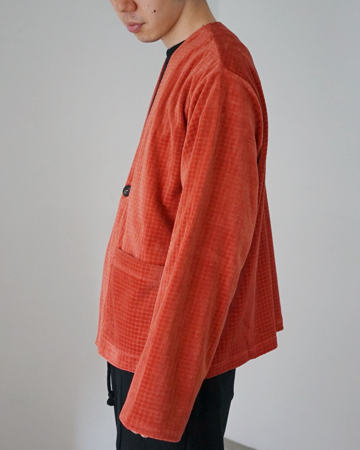 MATSUFUJI / Velor Block Check Jacquard Cardigan 