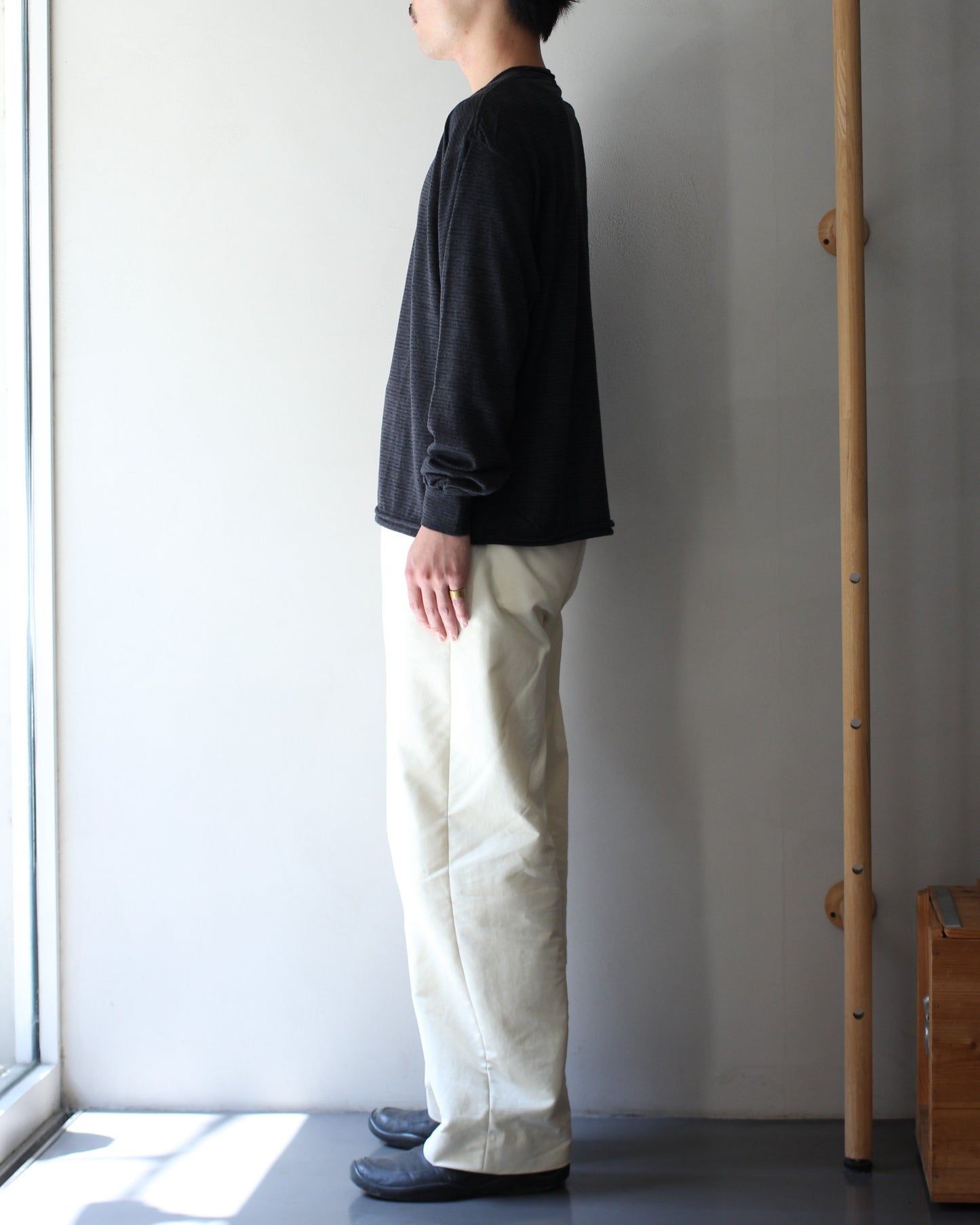 ULTERIOR/SUPER FINE WOOL COTTON CUT-OFF P/O (BORDER STRIPE ) " BLACK×CHARCOAL"
