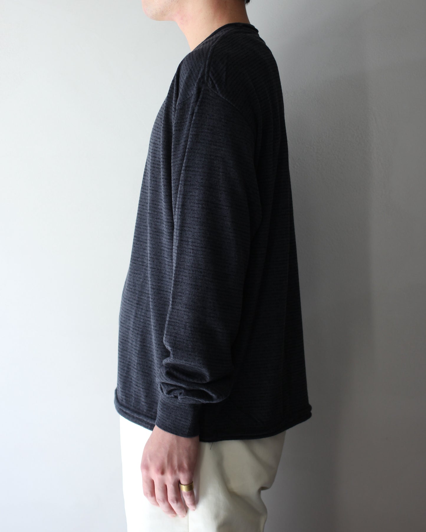 ULTERIOR/SUPER FINE WOOL COTTON CUT-OFF P/O (BORDER STRIPE ) " BLACK×CHARCOAL"