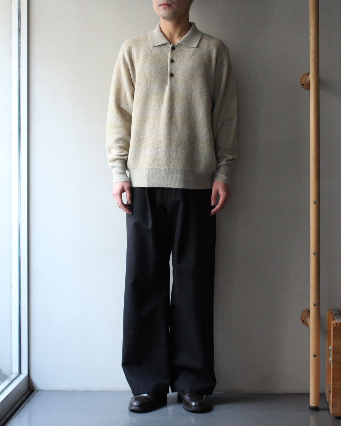 ssstein/W/AL/NY KNIT STRIPE POLO LS " BEIGE GREIGE"