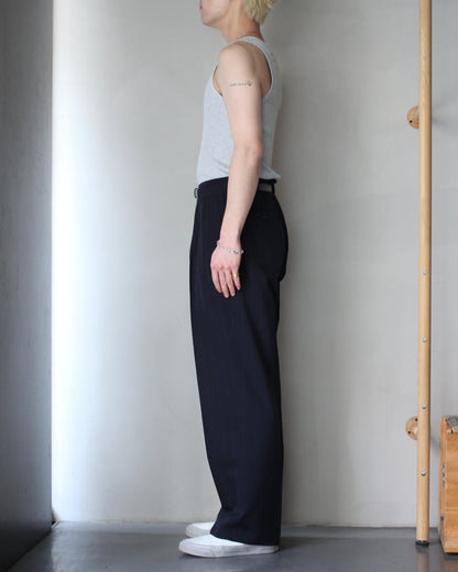 ULTERIOR/WOOL WASHI STRIPE STRIPE TUCKED TROUSERS "DARK NAVY"