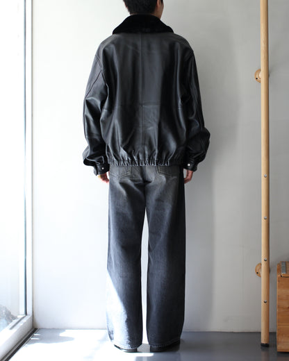 ssstein/MOUTON COLLAR SHEEP LEATHER ZIP JACKET "BLACK"