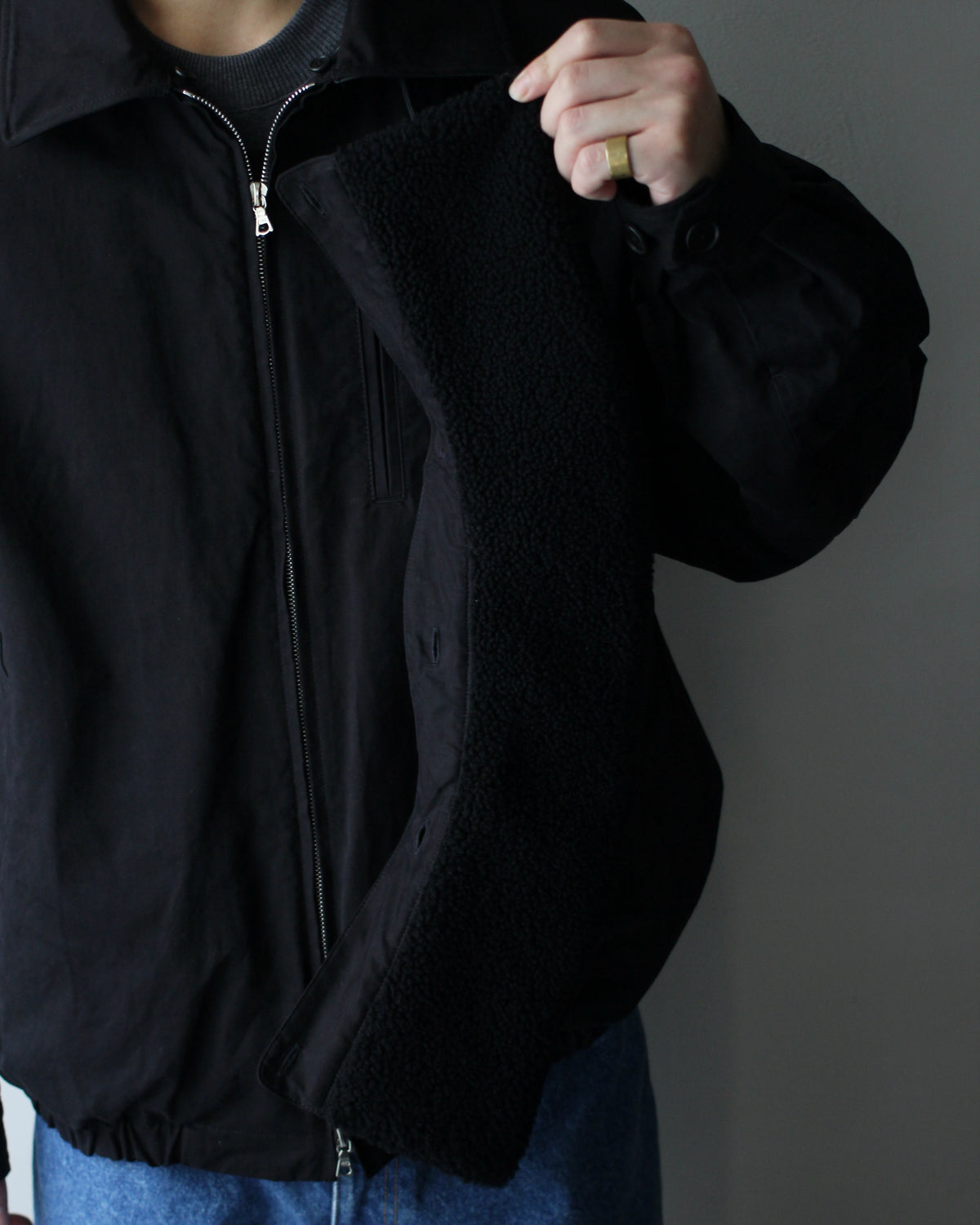 ssstein/DETATCHABLE COLLAR RESIN-FINISH COTTON JACKET  "BLACK"