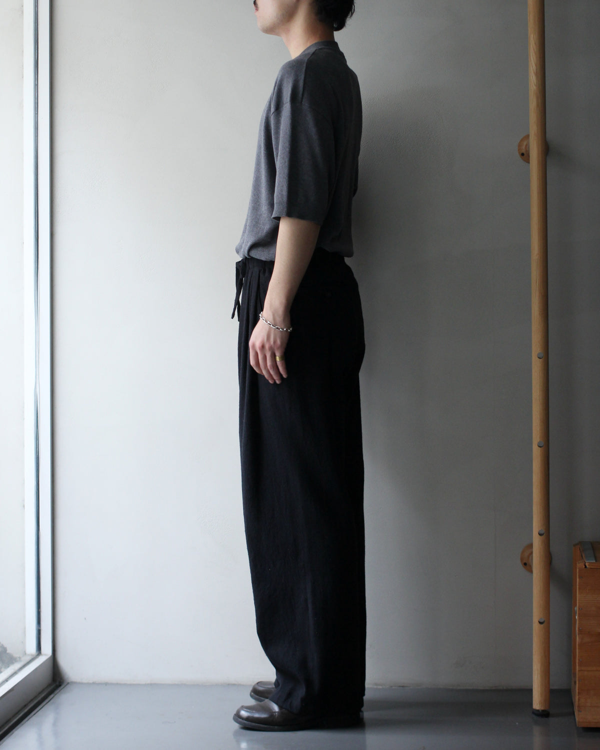 ULTERIOR/WASHED W/S STRIPE DRAWSTRING WIDE PANTS "BLACK"