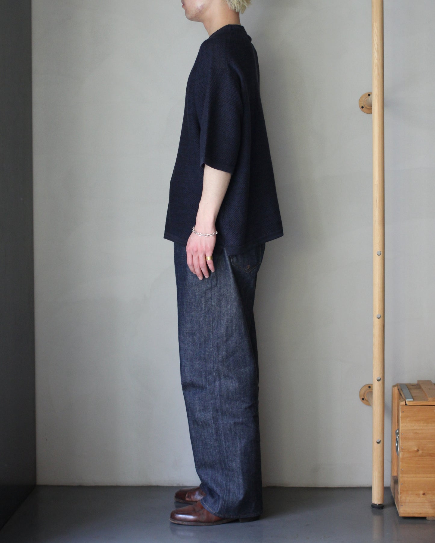 ULTERIOR/L/C TUCK STITCH KNIT TEE "MIX NAVY"