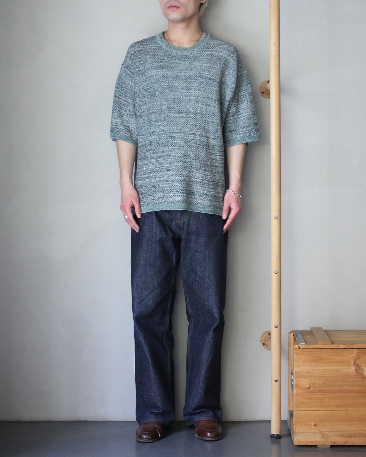 ULTERIOR/L/C TUCK STITCH KNIT TEE "MELANGE GREEN"