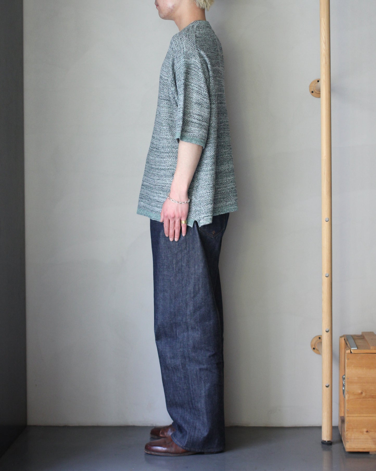 ULTERIOR/L/C TUCK STITCH KNIT TEE "MELANGE GREEN"