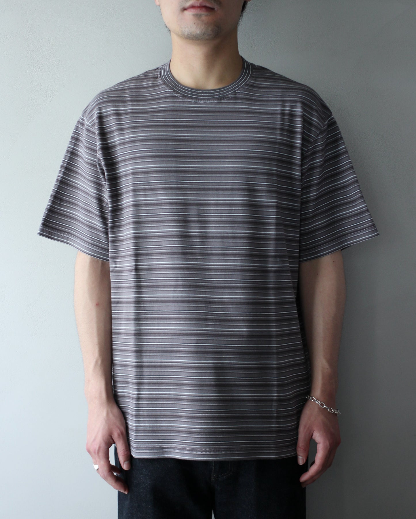 Yonetomi / GARMENT DYED RAMDOM BORDER T-SHIRT "GRAYxWHITE"