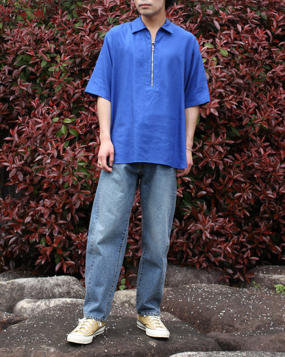 ULTERIOR/RAYON LINEN TWILL HALF-ZIP SHIRT"BLUE"