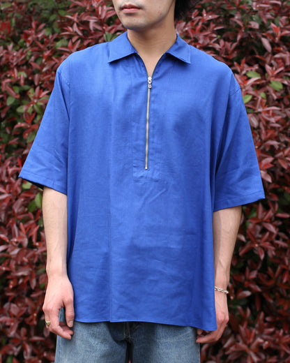 ULTERIOR/RAYON LINEN TWILL HALF-ZIP SHIRT"BLUE"