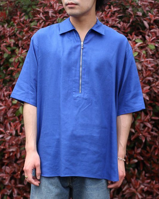 ULTERIOR/RAYON LINEN TWILL HALF-ZIP SHIRT"BLUE"