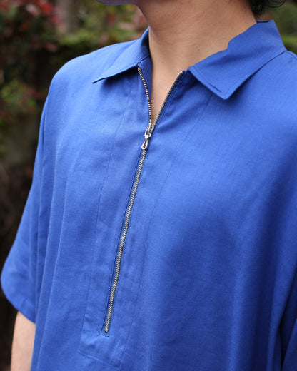ULTERIOR/RAYON LINEN TWILL HALF-ZIP SHIRT"BLUE"