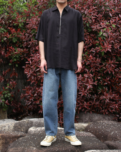 ULTERIOR/RAYON LINEN TWILL HALF-ZIP SHIRT"BLACK"