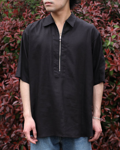 ULTERIOR/RAYON LINEN TWILL HALF-ZIP SHIRT"BLACK"