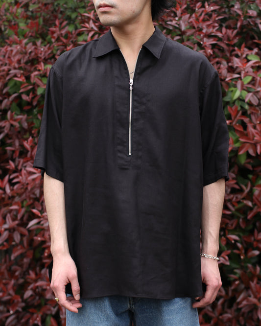 ULTERIOR/RAYON LINEN TWILL HALF-ZIP SHIRT"BLACK"