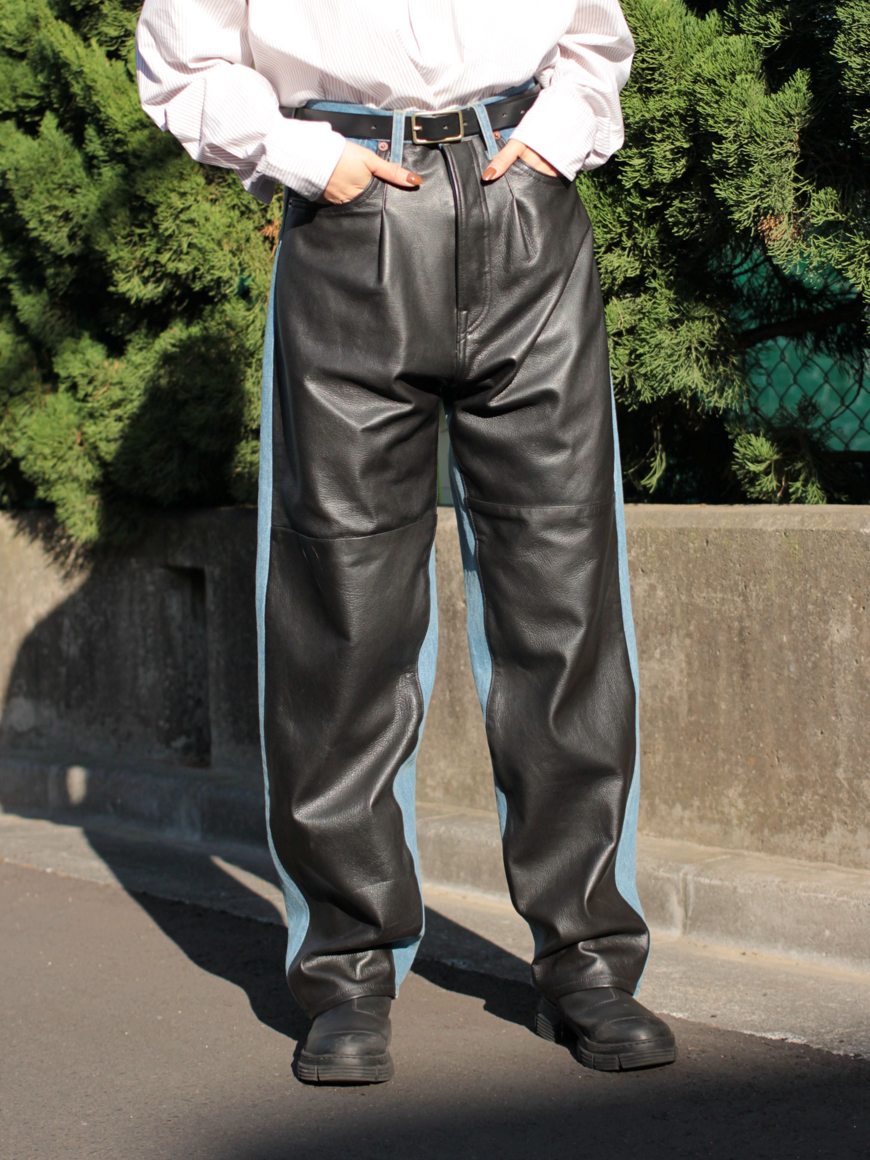 【ボトル】stein Leather Combination Denim Jeans パンツ